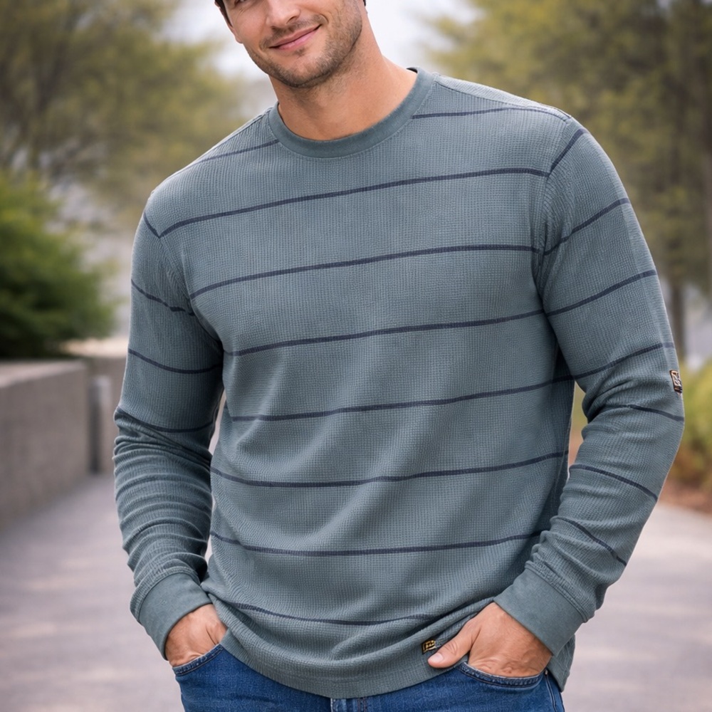 RVCA Day Shift Thermal Stripe Long Sleeve Shirt Men’s XXL Green Blue Waffle Knit